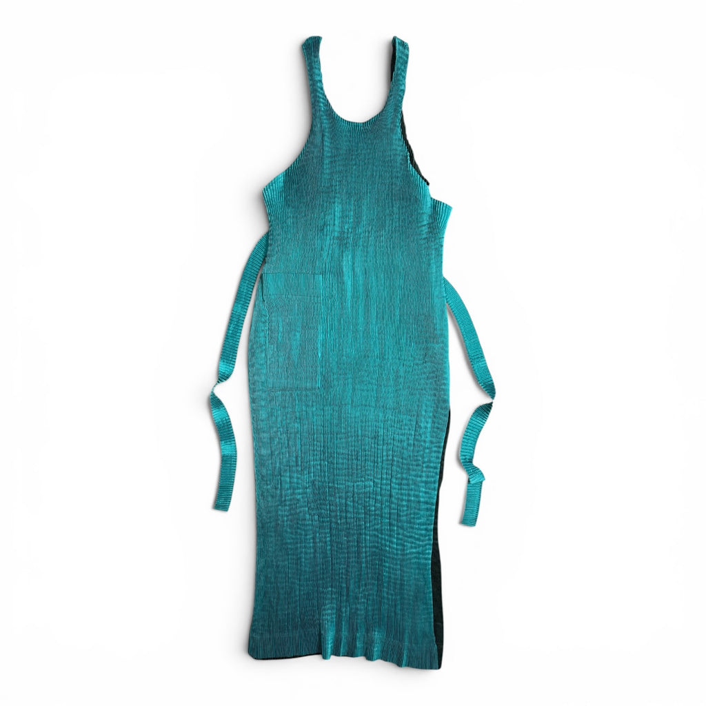 vintage 90s issey miyake im product two tone teal + dark green pleated apron dress
