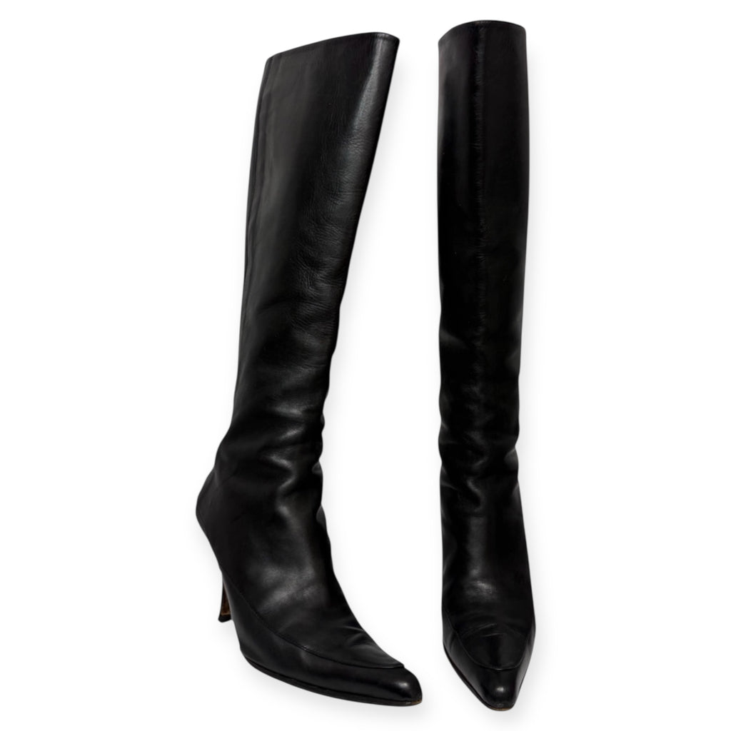 vintage 90s manolo blahnik black leather pointed toe kitten heel boots