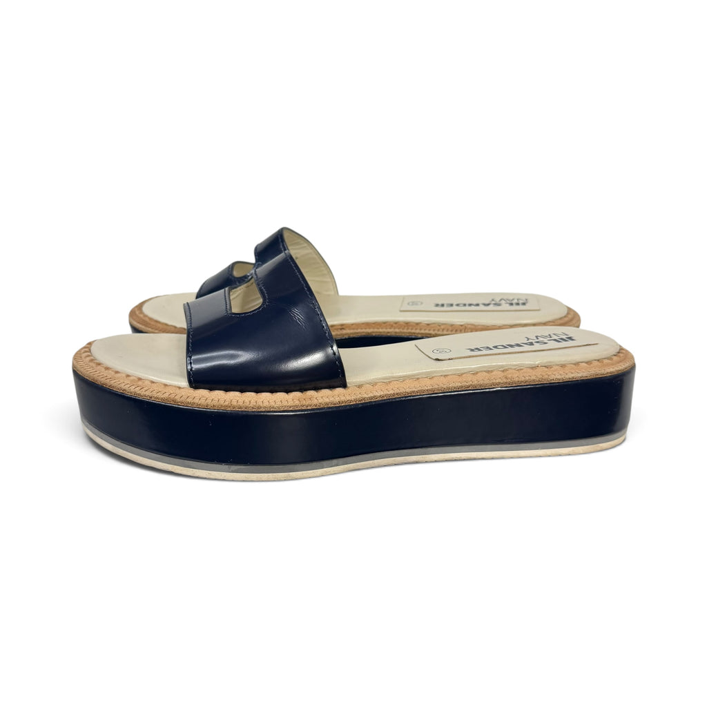 jil sander navy blue leather cutout platform slide sandals
