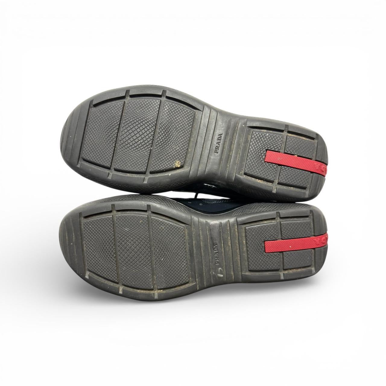 prada america’s cup navy blue patent leather sneakers