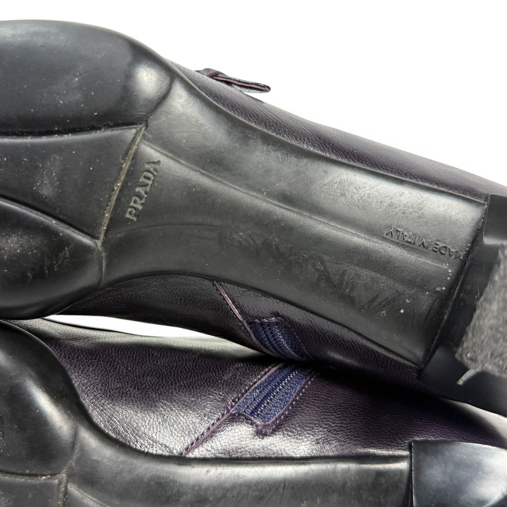 vintage prada square toe dark purple leather mid calf boots