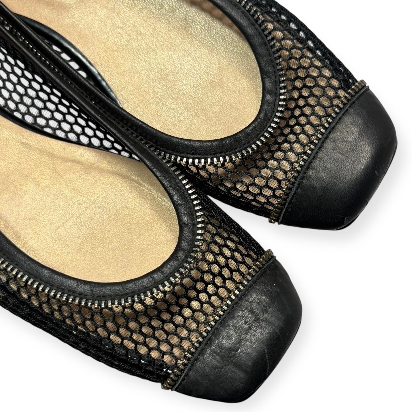 french sole black mesh & zipper leather cap toe ballet flats