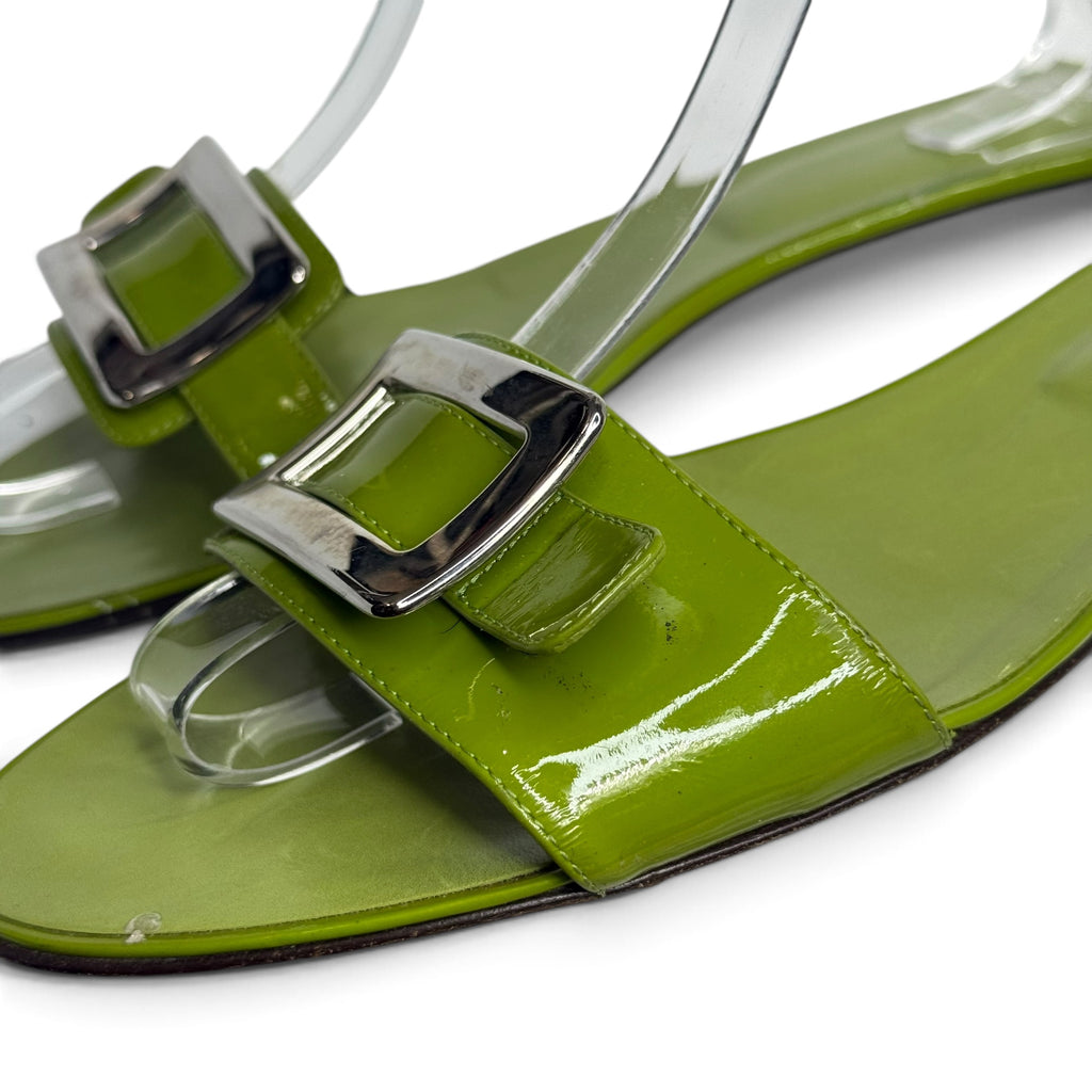 roger vivier green patent leather silver buckle slide sandals