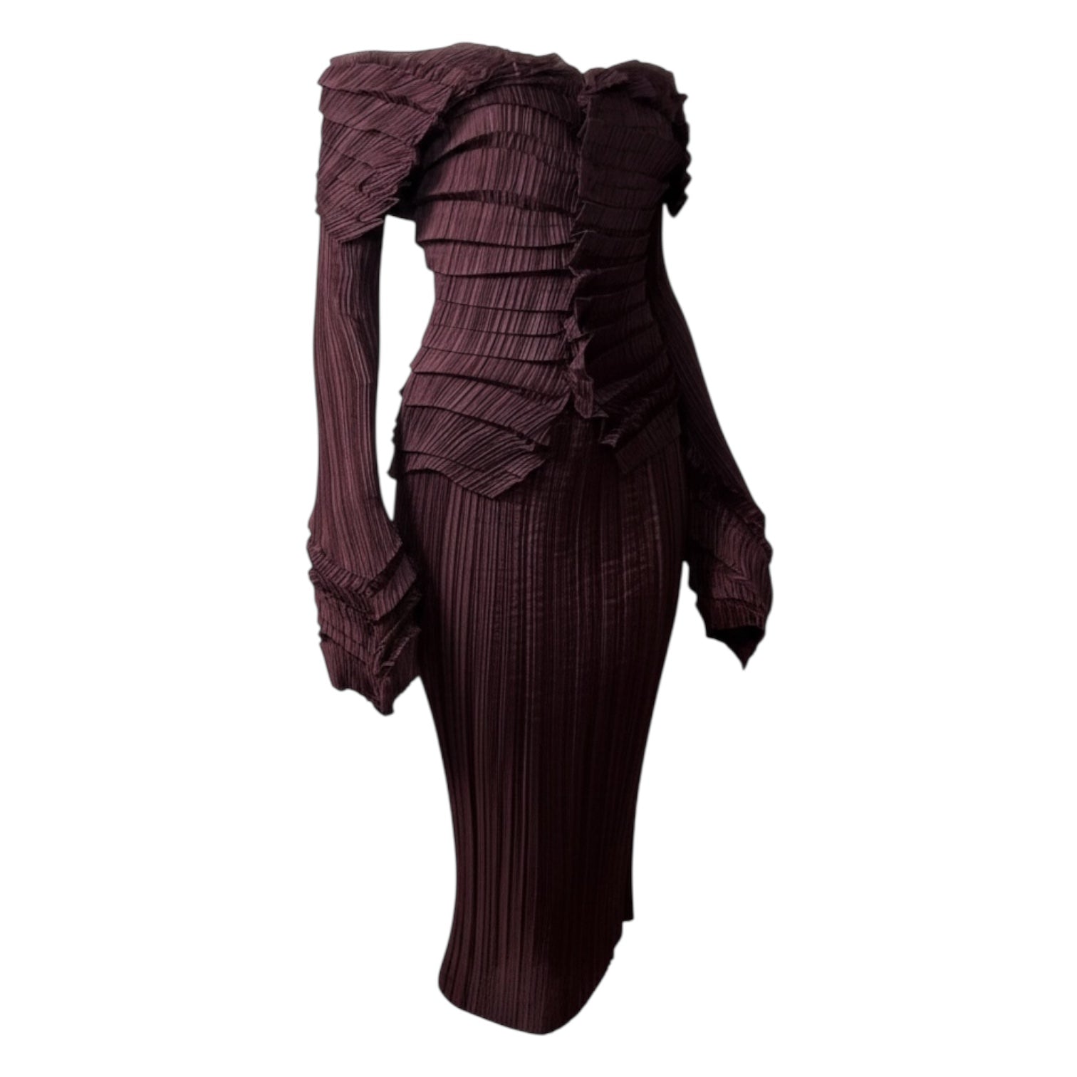 vintage issey miyake mainline sculptural accordion pleated top & skirt set in wine