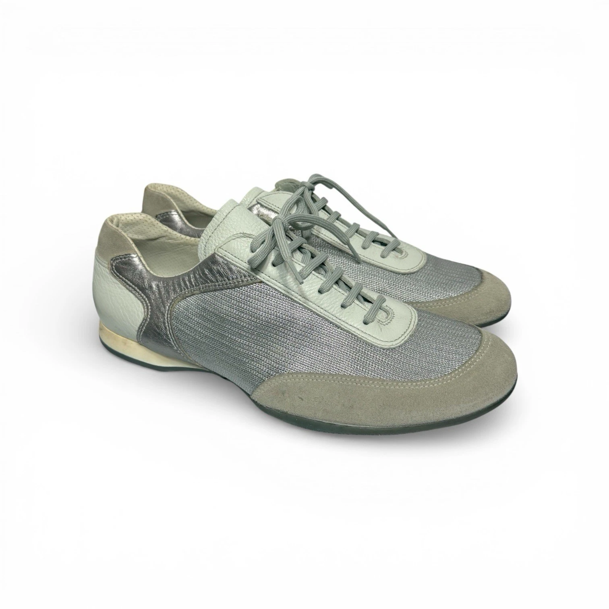 vintage prada leather & textile silver sneakers