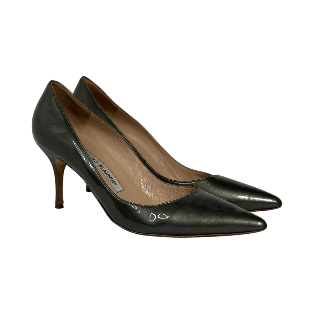 manolo blahnik metallic green patent leather pointed toe bb pumps