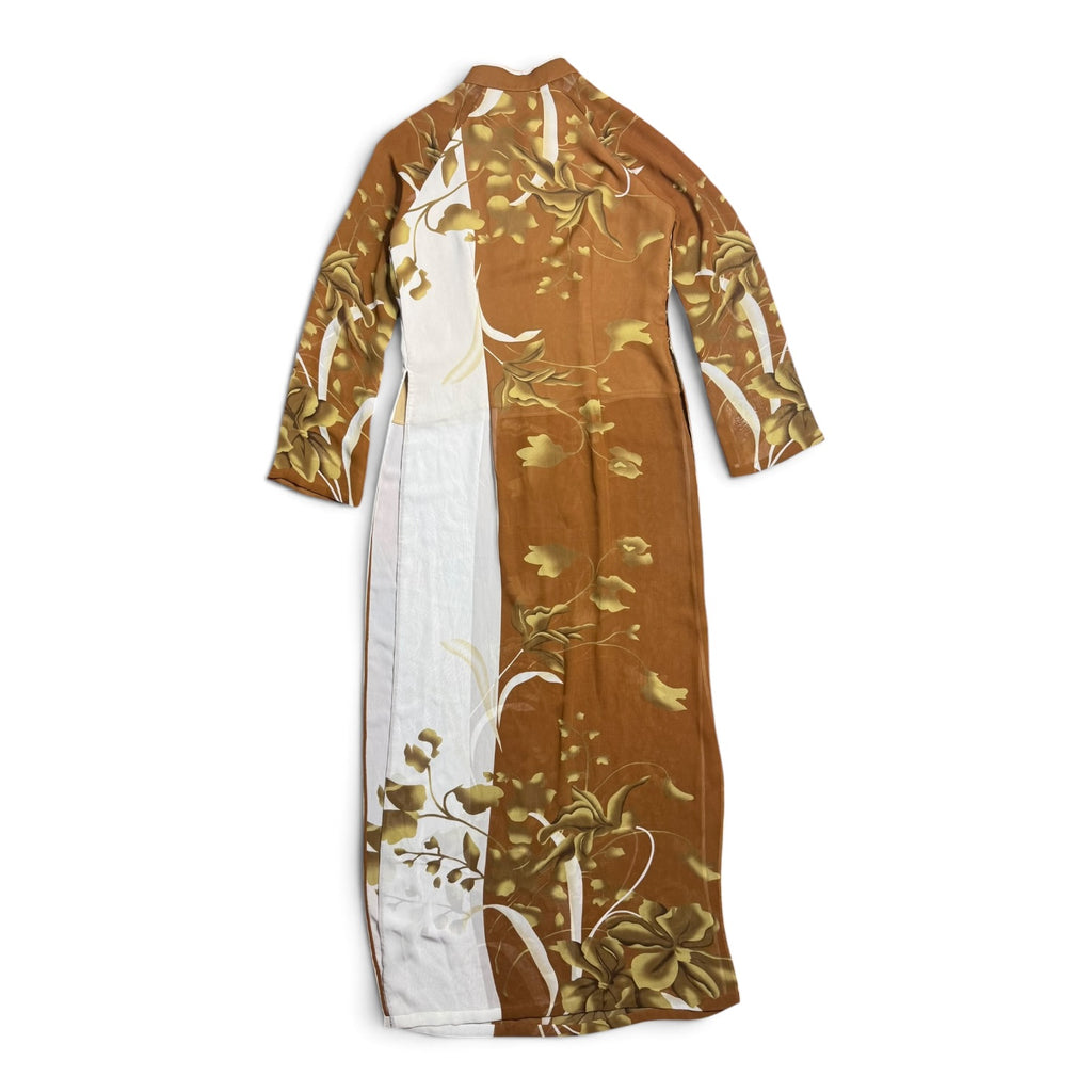 vintage handmade floral ao dai chiffon mandarin collar + high split tunic dress