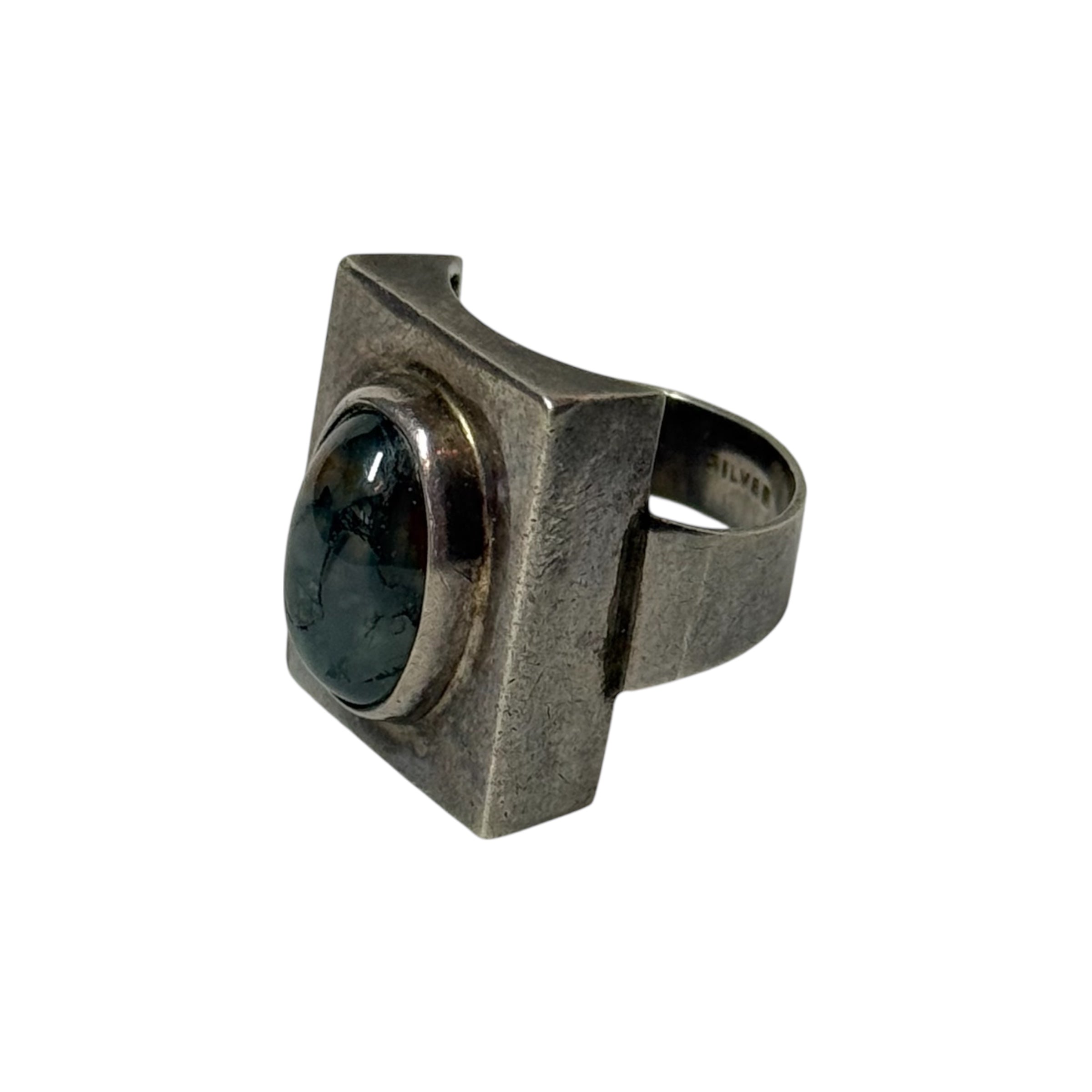 vintage artisanal silver & moss agate modernist architectural ring