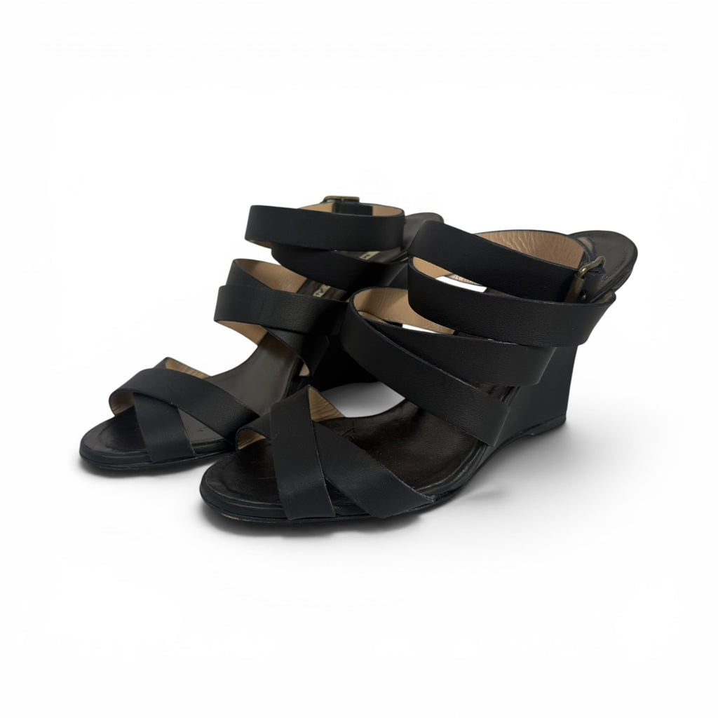 manolo blahnik black leather strappy wedge sandals