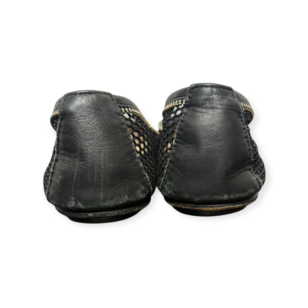 french sole black mesh & zipper leather cap toe ballet flats