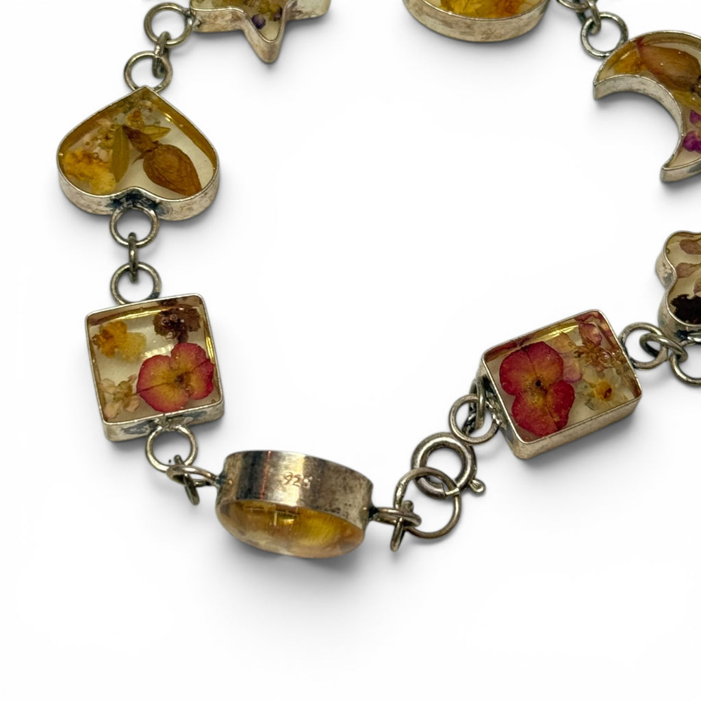 vintage 925 sterling silver dried flower multi shape 8” bracelet