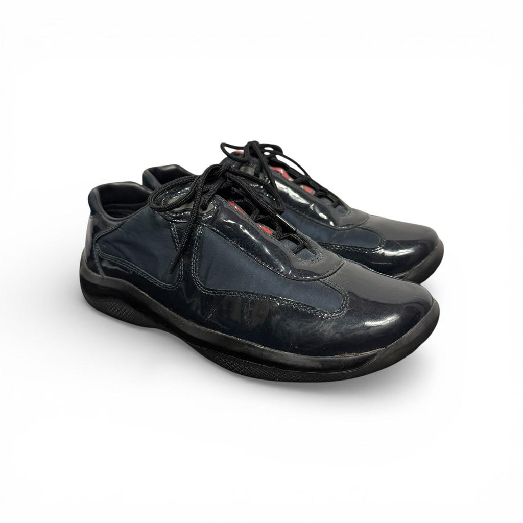 prada america’s cup navy blue patent leather sneakers