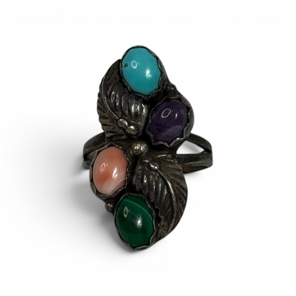 vintage navajo rb 925 sterling silver multi stone leaf cluster ring