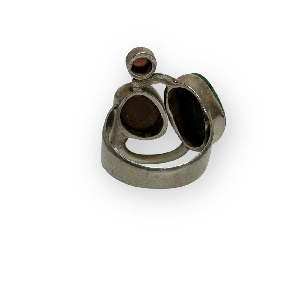 vintage artisanal sterling silver turquoise & garnet multi stone asymmetrical ring