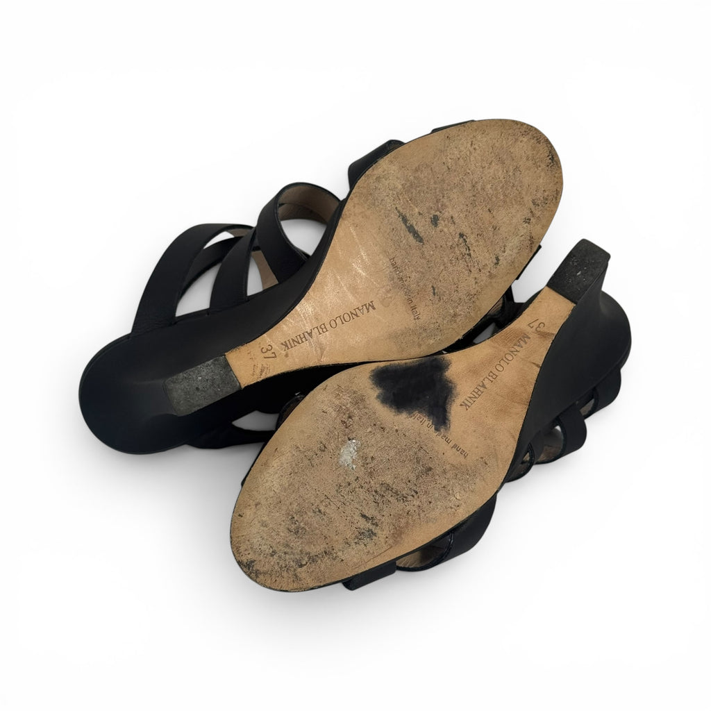 manolo blahnik black leather strappy wedge sandals