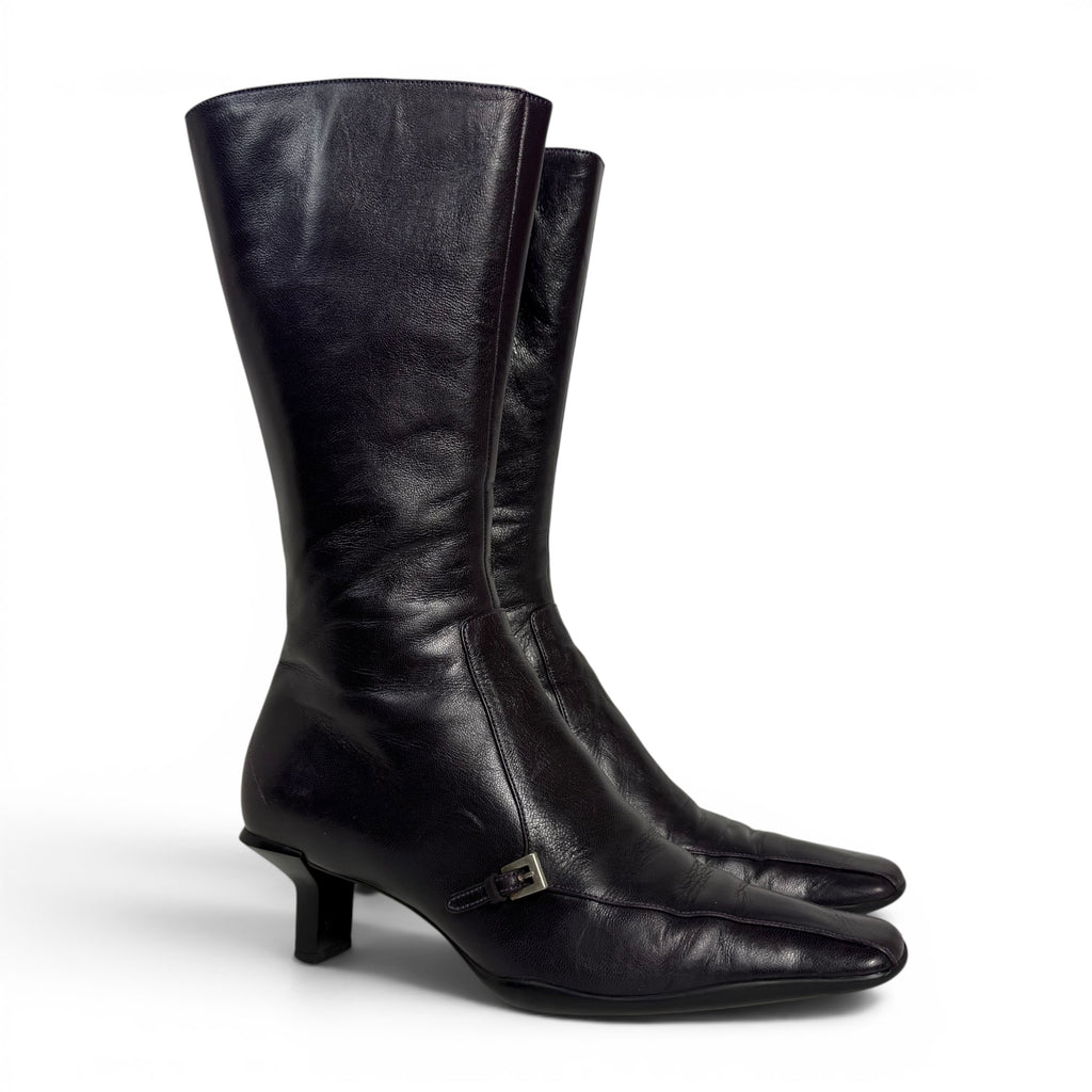 vintage prada square toe dark purple leather mid calf boots