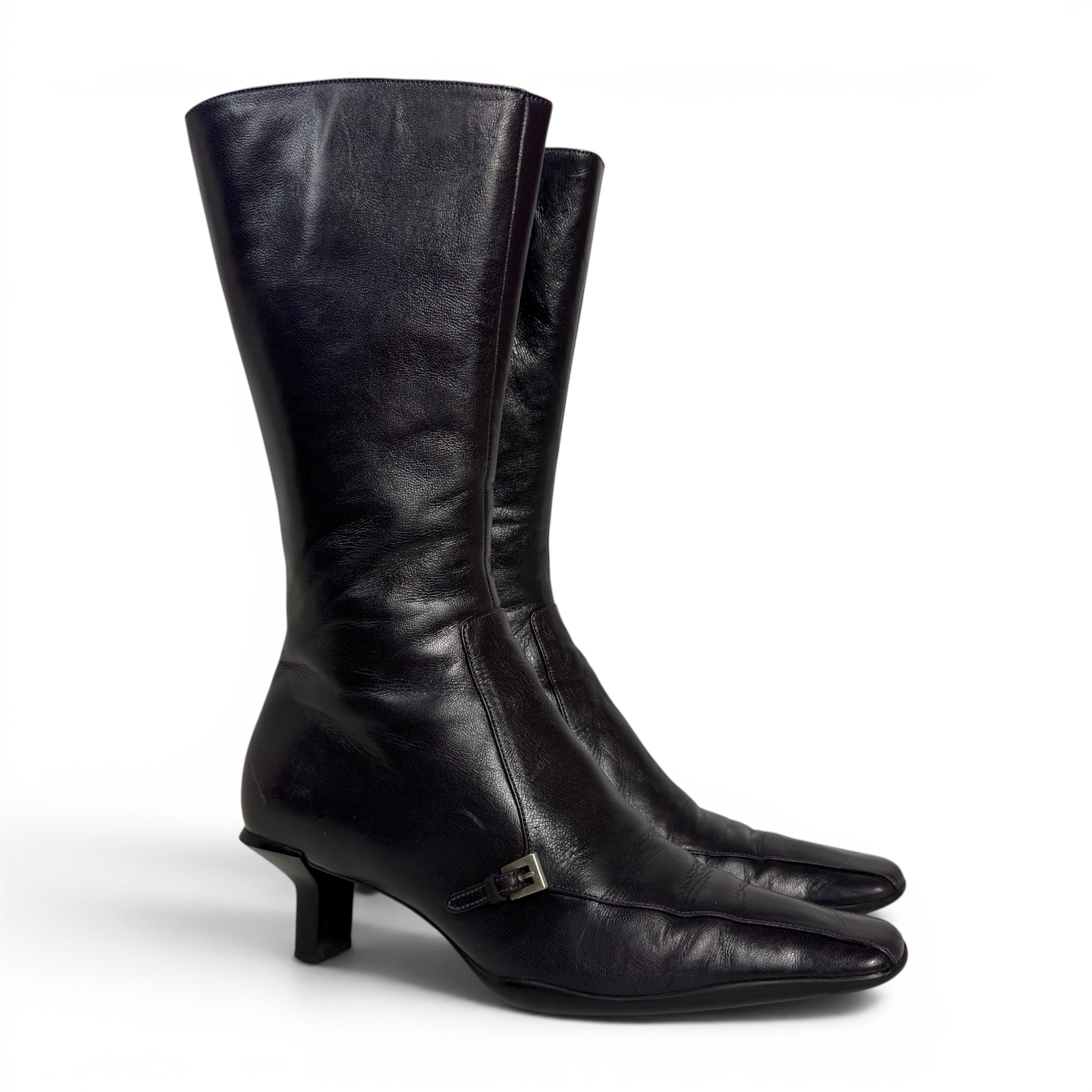 vintage prada square toe dark purple leather mid calf boots