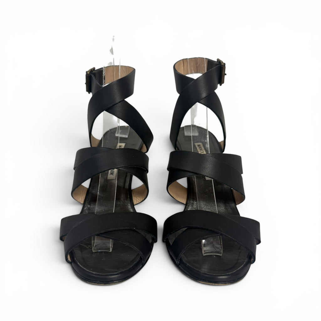 manolo blahnik black leather strappy wedge sandals