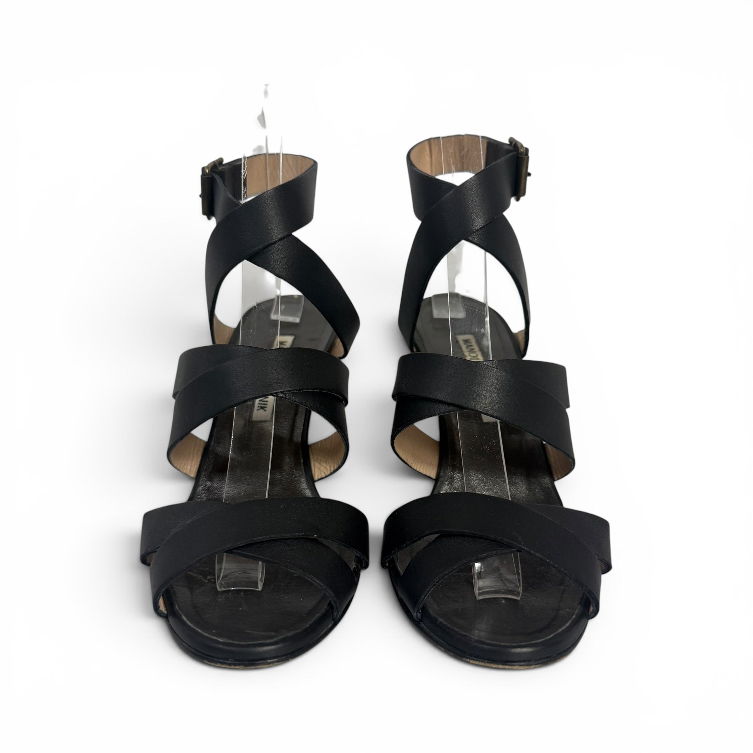 manolo blahnik black leather strappy wedge sandals