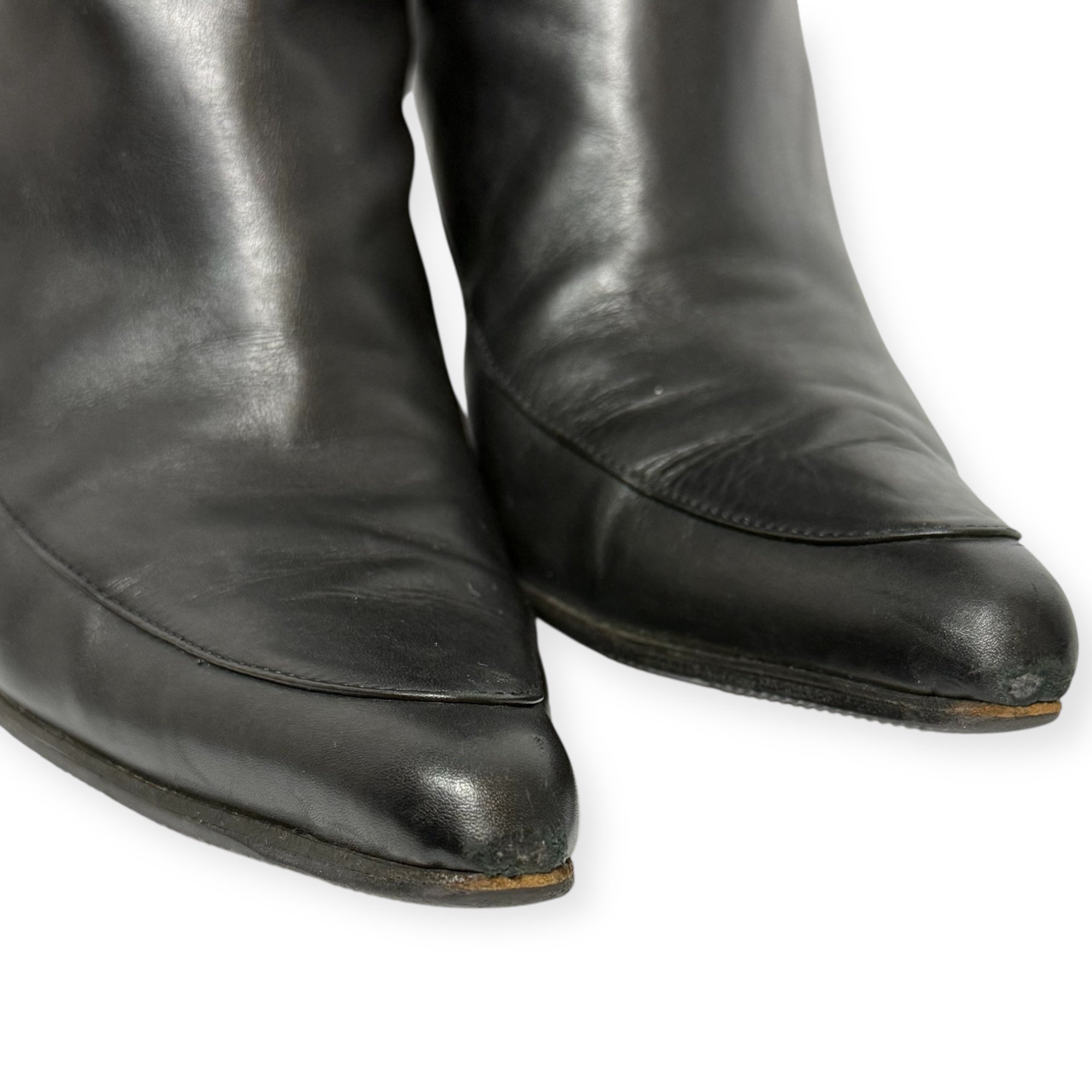 vintage 90s manolo blahnik black leather pointed toe kitten heel boots