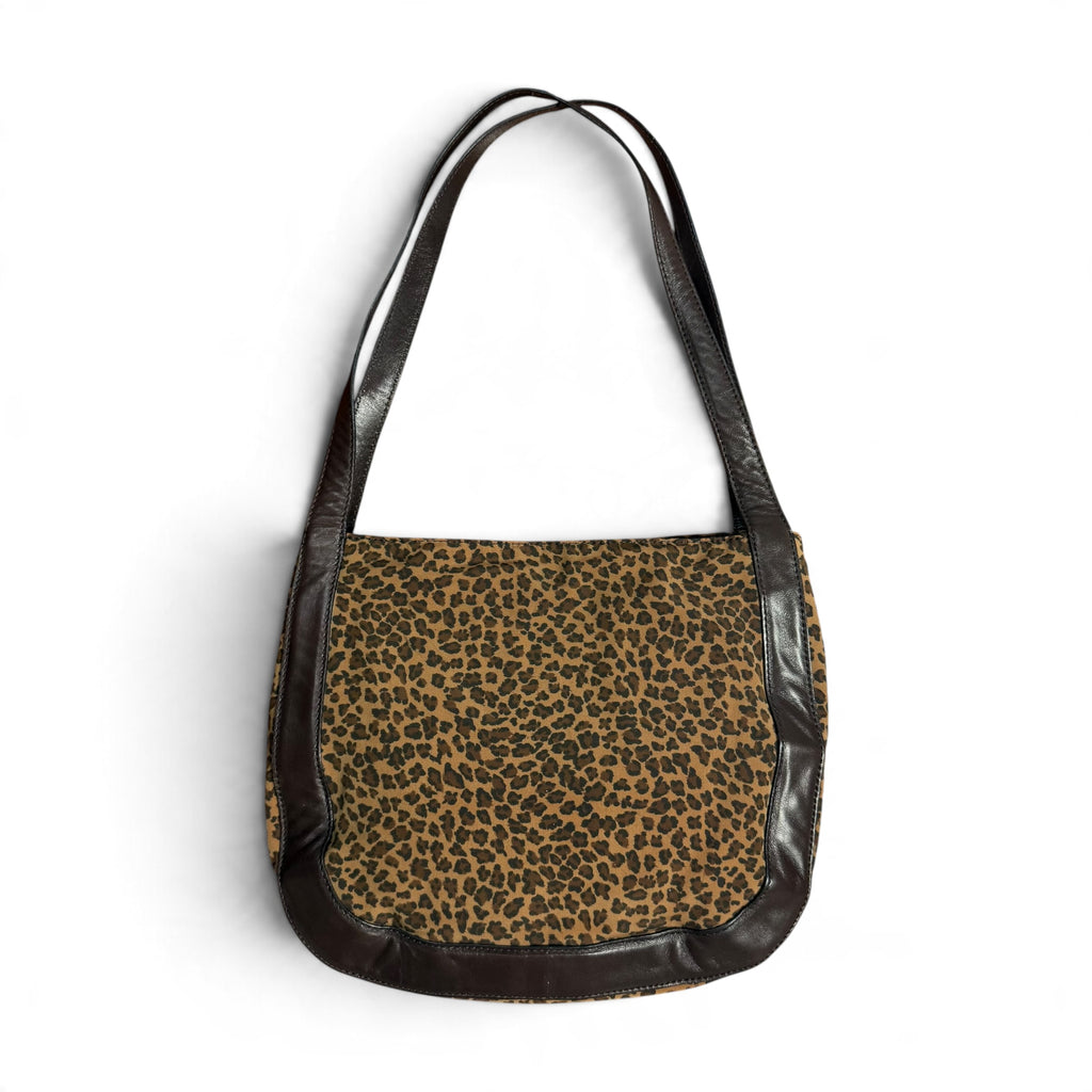 vintage bottega veneta leopard print canvas + leather shoulder bag