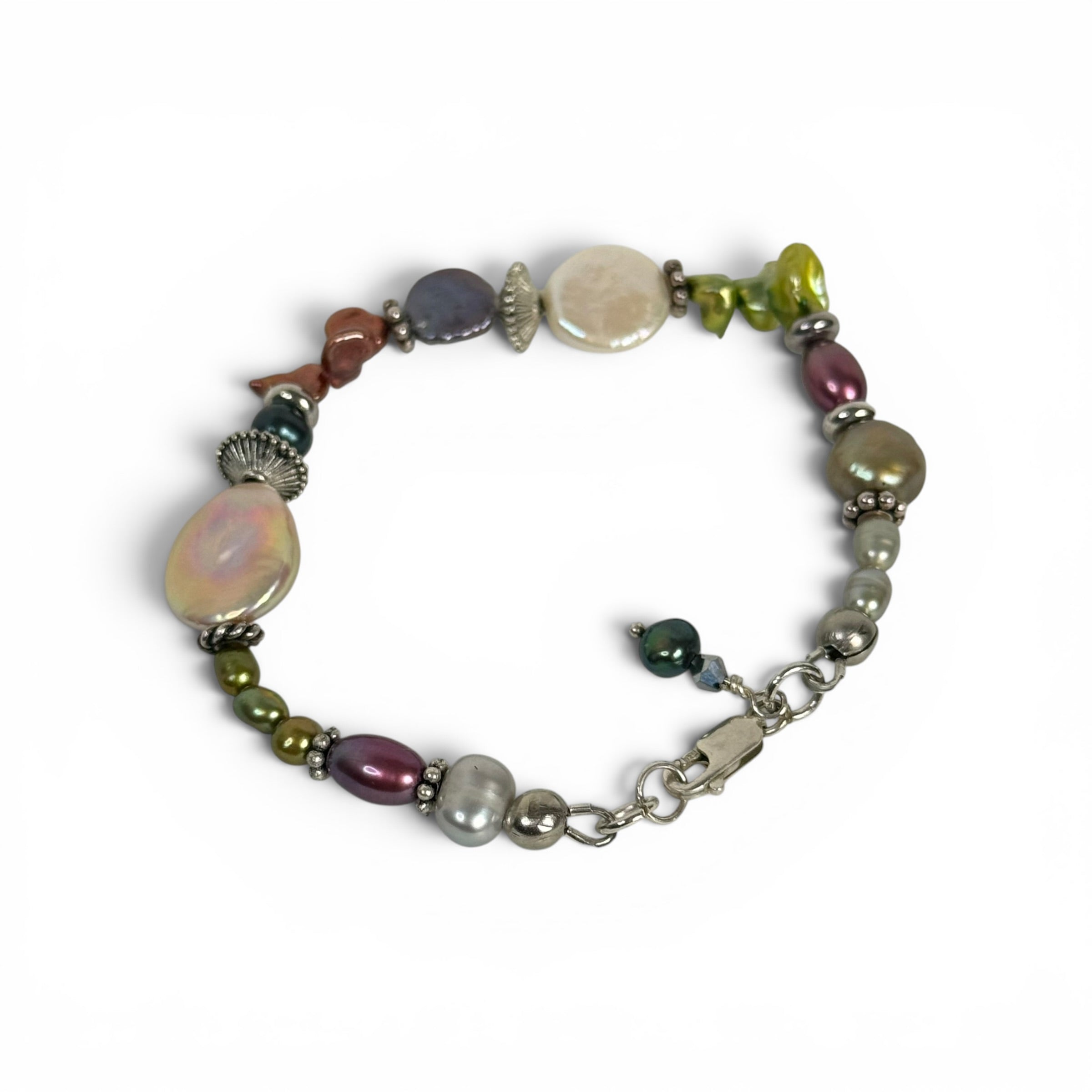 artisanal 925 sterling silver multicolor baroque pearl beaded 8” bracelet