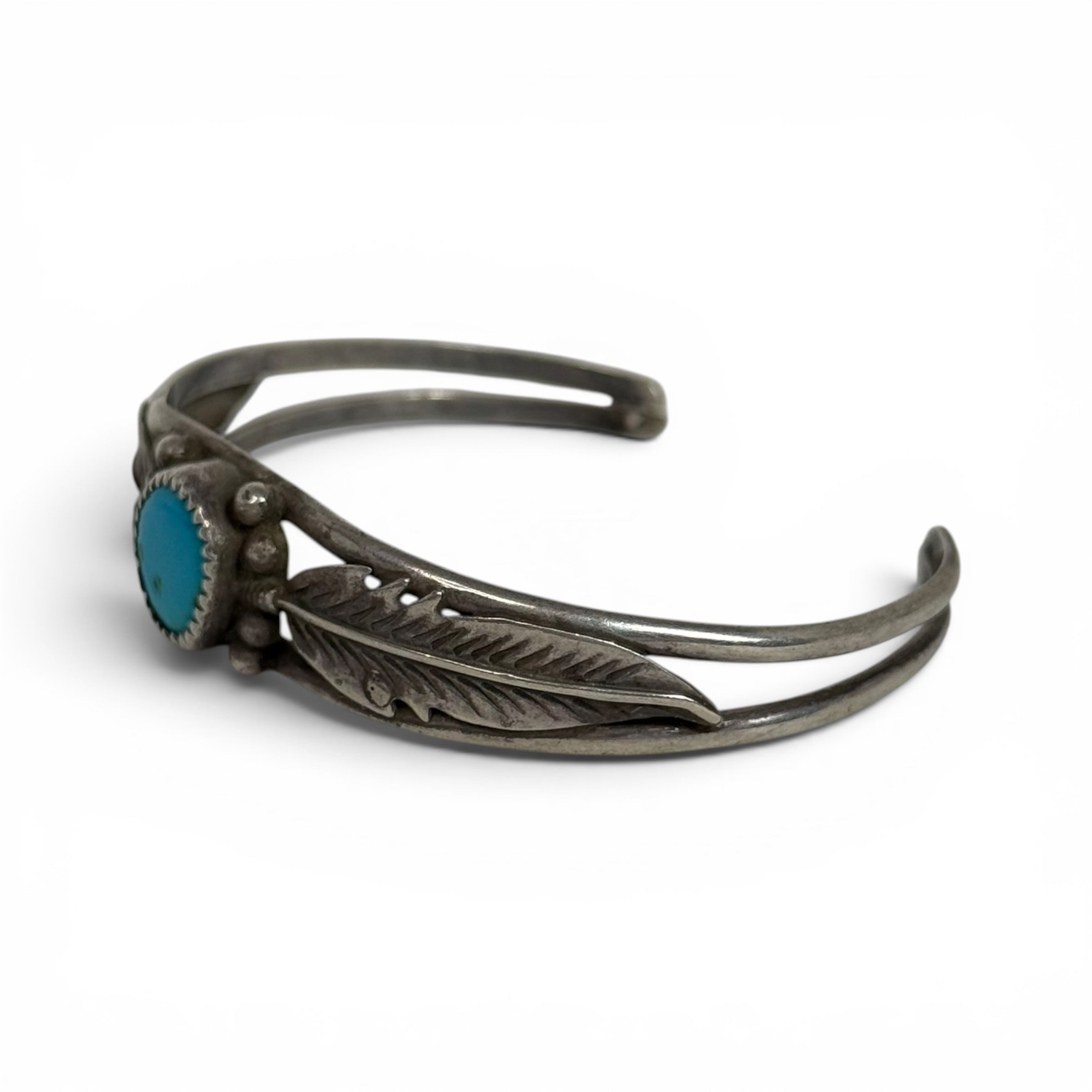 vintage navajo 925 sterling silver + turquoise feather leaf cuff bracelet