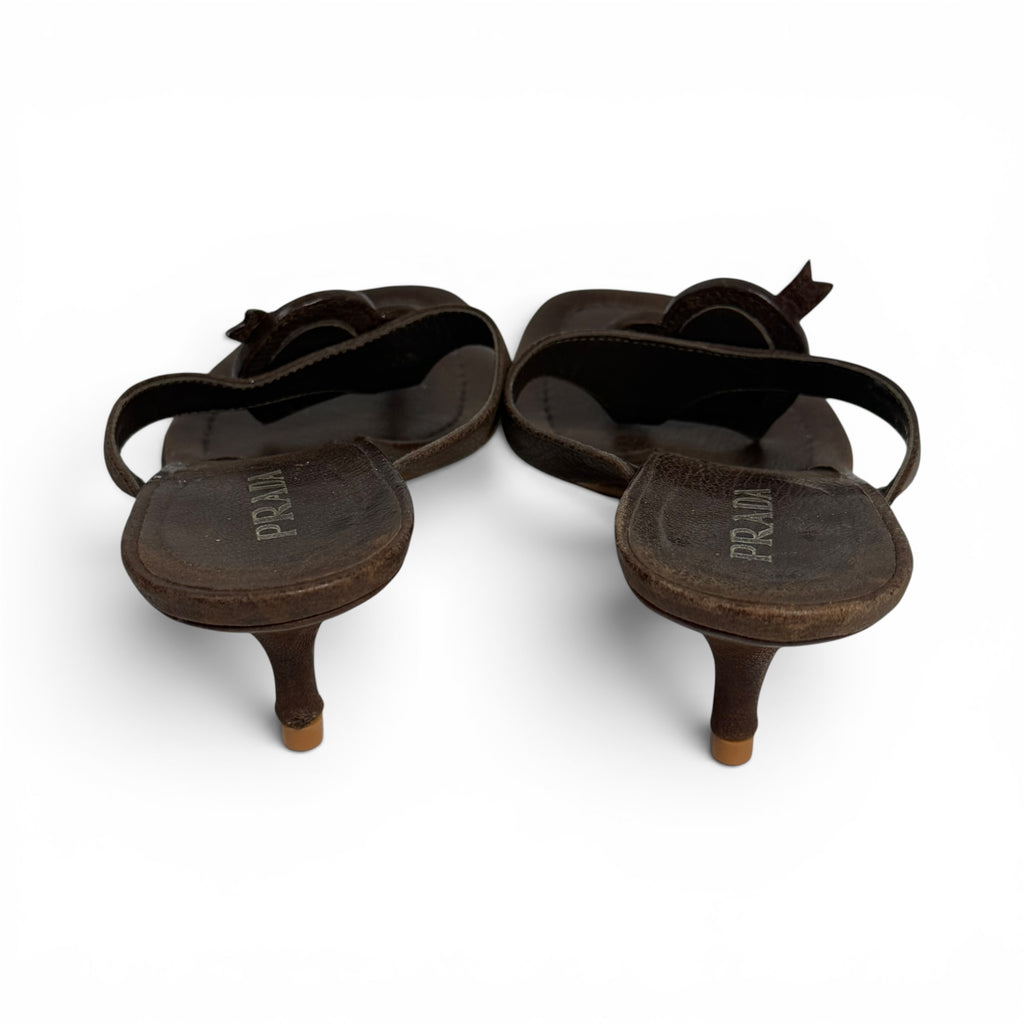 vintage y2k prada brown leather thong kitten heel gear sandals