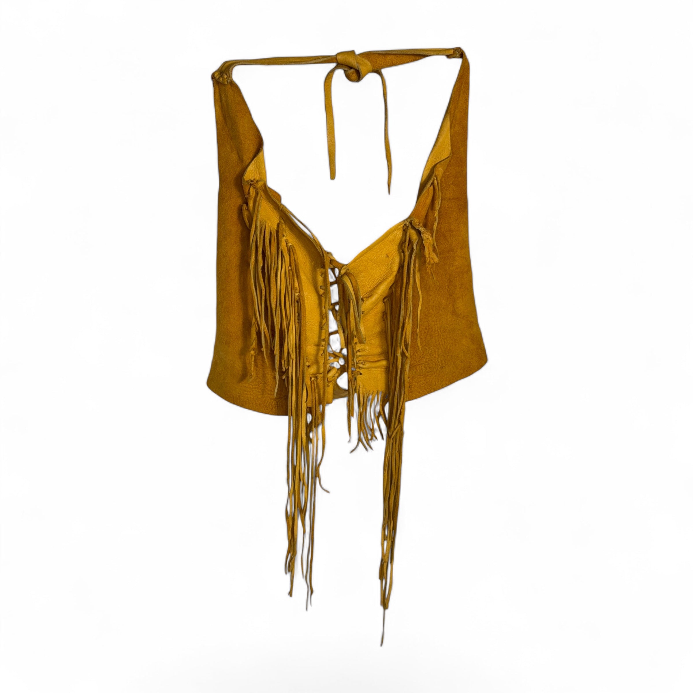 vintage 70s handmade leather fringe halter top