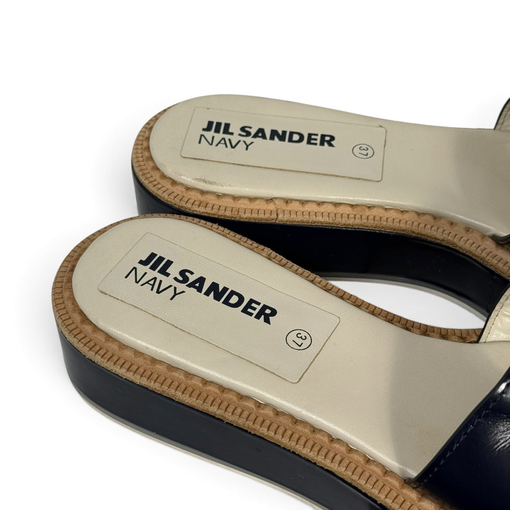 jil sander navy blue leather cutout platform slide sandals