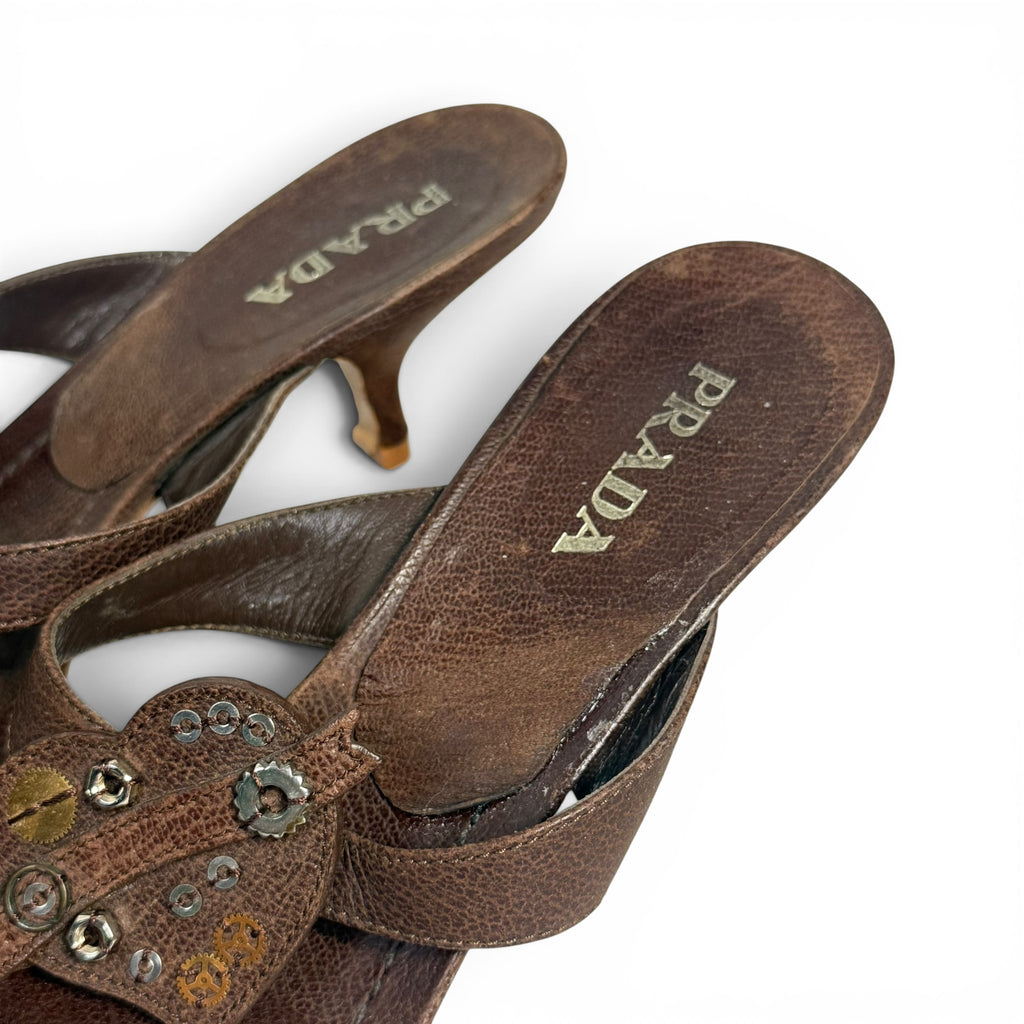 vintage y2k prada brown leather thong kitten heel gear sandals
