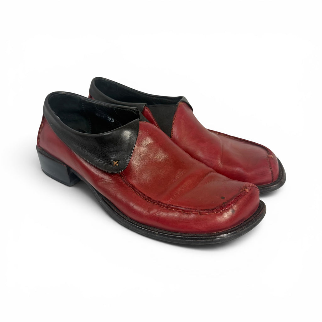 everybody bz moda red + black italian leather slip on square toe loafers