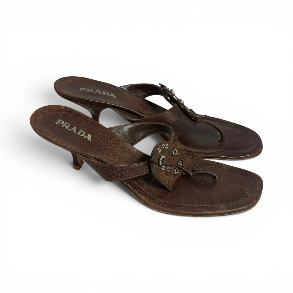 vintage y2k prada brown leather thong kitten heel gear sandals