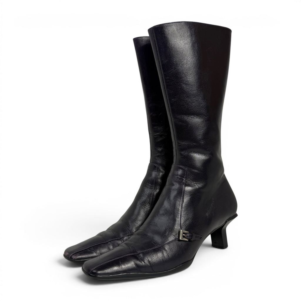 vintage prada square toe dark purple leather mid calf boots