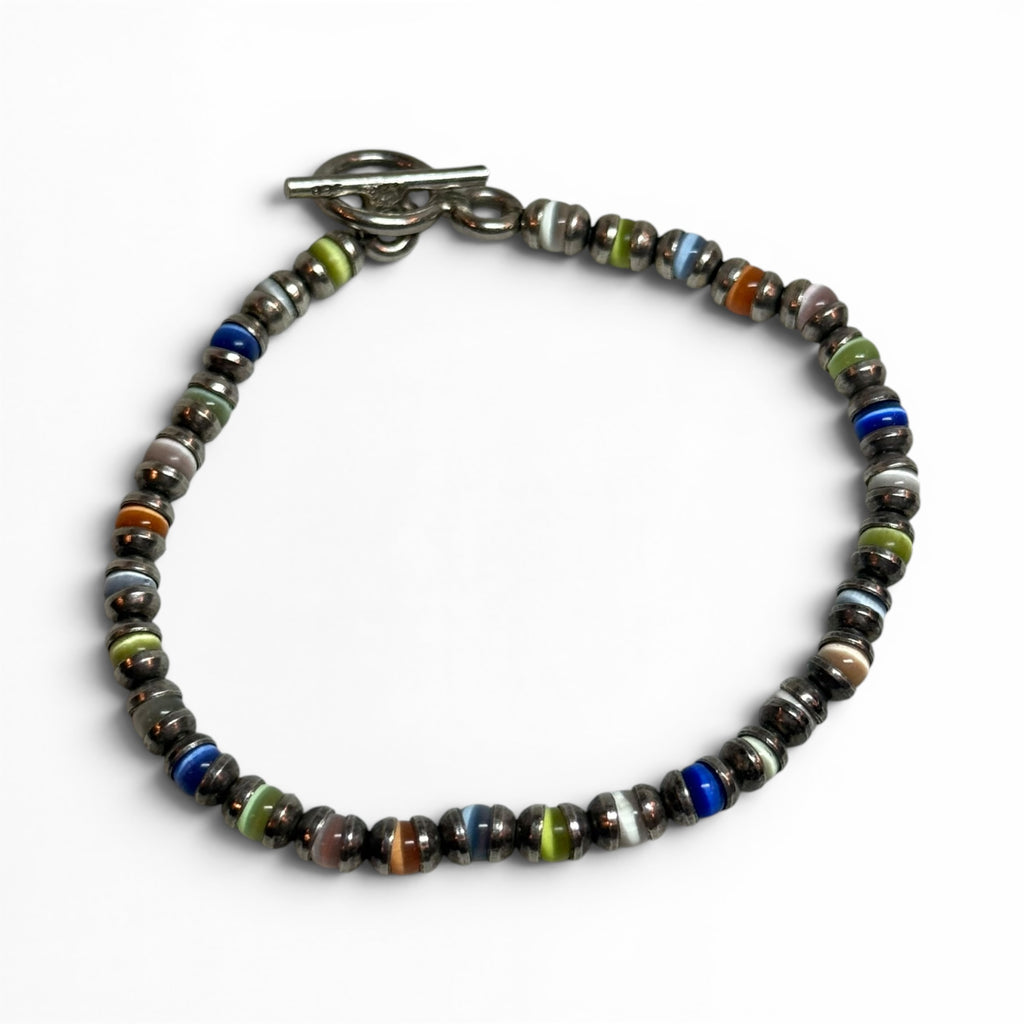 925 sterling silver multicolor cat’s eye beaded toggle bracelet