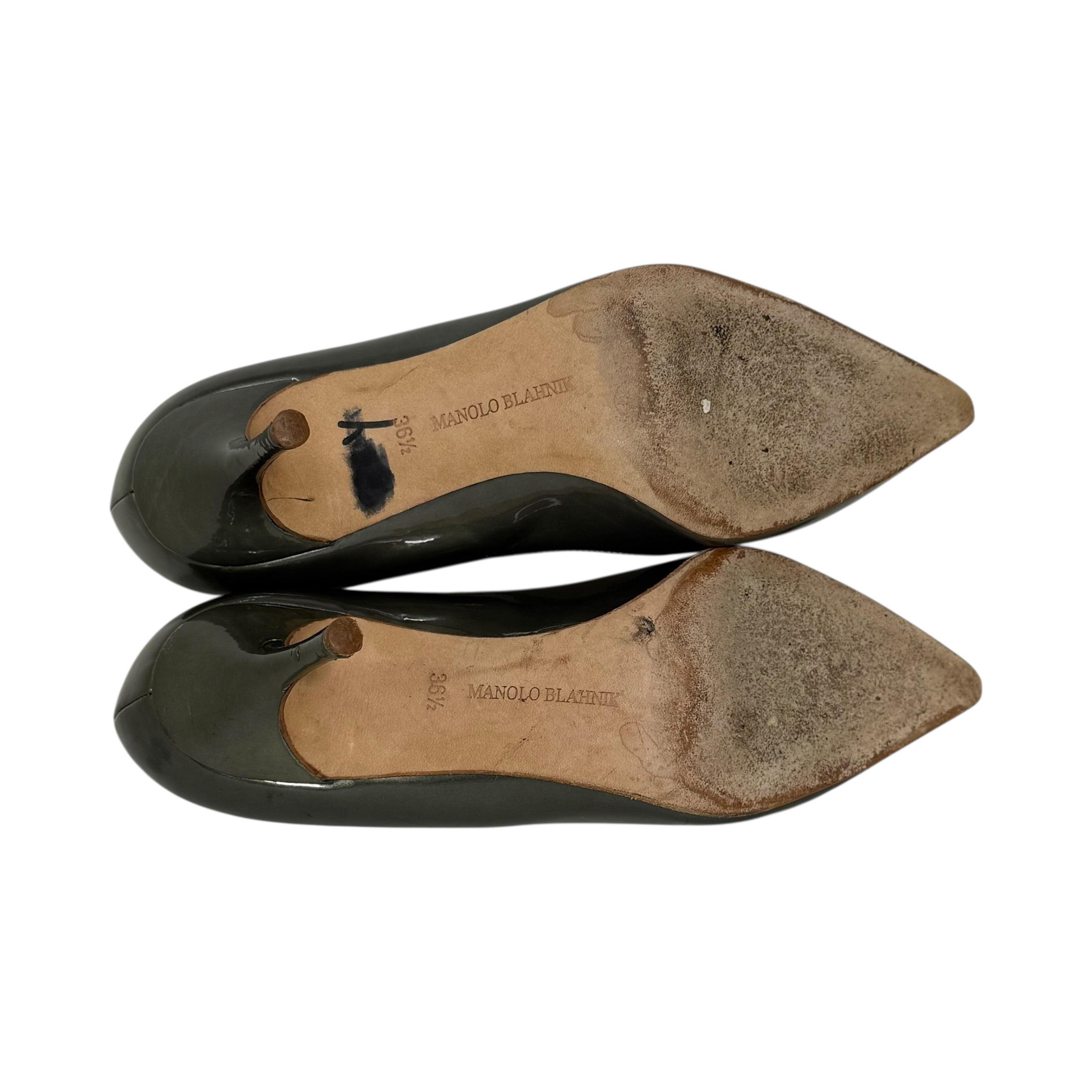 manolo blahnik metallic green patent leather pointed toe bb pumps